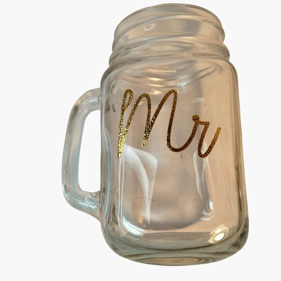 Mr Mrs Mason Jar Mugs Gold Script Writing Wedding Gift Anniversary Lot 2 - Picture 4 of 12